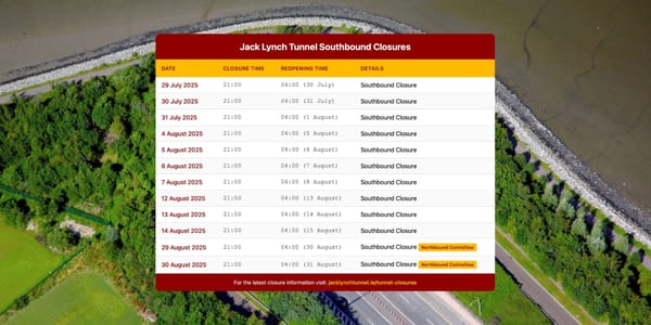 Jack Lynch Tunnel Southbound Closures Begin Tomorrow Night